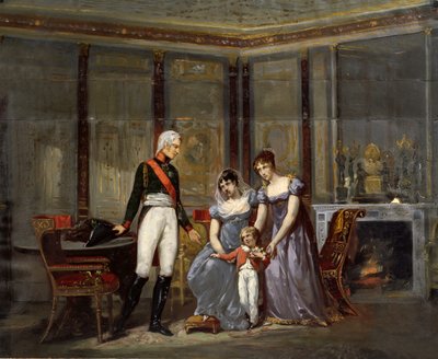 Die Kaiserin Josephine stellt ihre Tochter Hortense und ihren Enkel Louis-Napoléon (den zukünftigen Napoleon III.) dem Zaren Alexander in Malmaison im Mai 1814 vor (Vorzeichnung) von Jean Louis Victor Viger du Vigneau